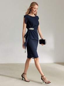 MOTF PREMIUM SOLID COLOR OPEN SHOULDER BODYCON DRESS IS DESIGNED WITH FASHIONABLE AND STYLE FOR TWEEN GIRLS. UNIQUE OPEN SHOULDER STRAP DESIGN HIGHLIGHTS THE ELEGANT CHARM OF TWEEN GIRLS. - Navy Blue - View 4