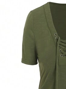 SHEIN LUNE Camiseta de manga corta con escote en V y cordones para mujer de unicolor