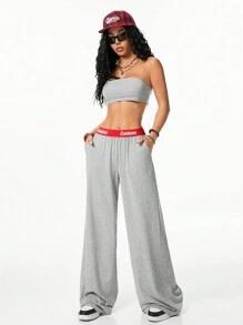 Coolane Women's Fall Y2K Back To School Oversize Streetwear Cool Vintage Color Block Splice Tube Top And Long Pants Two Pieces Set