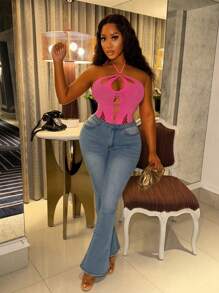 VaVaBold BAE Pink High Elasticity Tight Mesh See-Through Sexy Nightclub Party Bodysuit, Lace & See-Through Cutouts