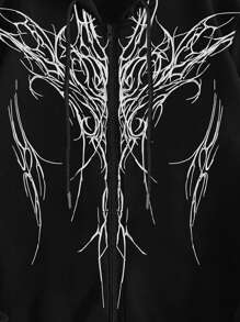 ROMWE MEN Men's Gothic Print Zip Front Drawstring Loose Fit Hooded Sweatshirt , Long Sleeve Top