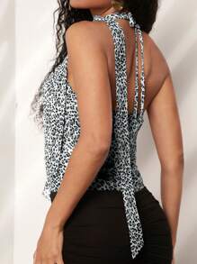 Opulessa Women's Leopard Print Ruffle Neck Halter Top For Vacation - Multicolor - View 2