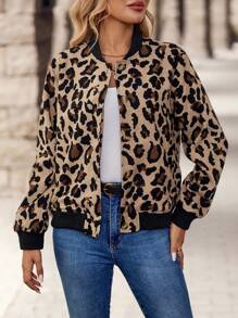 EMERY ROSE Women's Button-Up Baseball Collar Leopard Print Long Sleeve Jacket, Daily Casual Chic - Brown - View 3