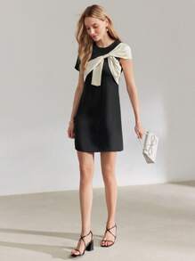 MOTF PREMIUM CONTRAST BOW DETAIL SLIM FIT SHORT DRESS - Black - View 8