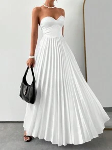 EURMUSE Váy quây màu sắc thanh lịch Corset eo xếp li chắp vá - trắng - Xem 2