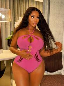 VaVaBold BAE Pink High Elasticity Tight Mesh See-Through Sexy Nightclub Party Bodysuit, Lace & See-Through Cutouts