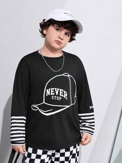 SHEIN Tween Boys Extended Size Fall 2 In 1 Striped Sleeves Hat Pattern T-Shirt