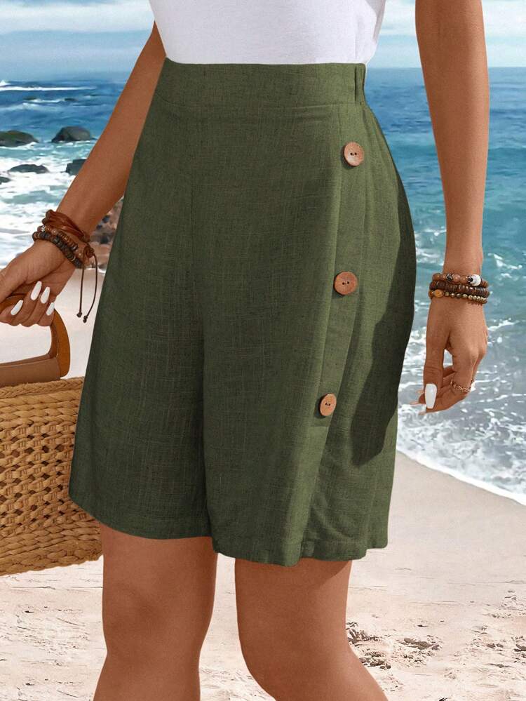 Summer Casual Country Style Buttoned Linen Women's Shorts,Vacation,Beach Outfit For Women