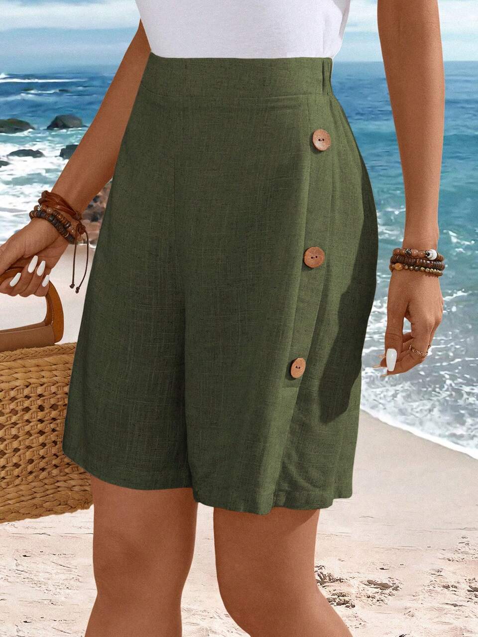 Summer Casual Country Style Buttoned Linen Women's Shorts,Vacation,Beach Outfit For Women, Vacation Outfits Women,Holiday Outfits For Women