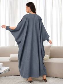 Al Najma Women's Solid Color Simple Daily Long Sleeve Jacket And Dress Two-Piece Set - Dusty Blue - View 2