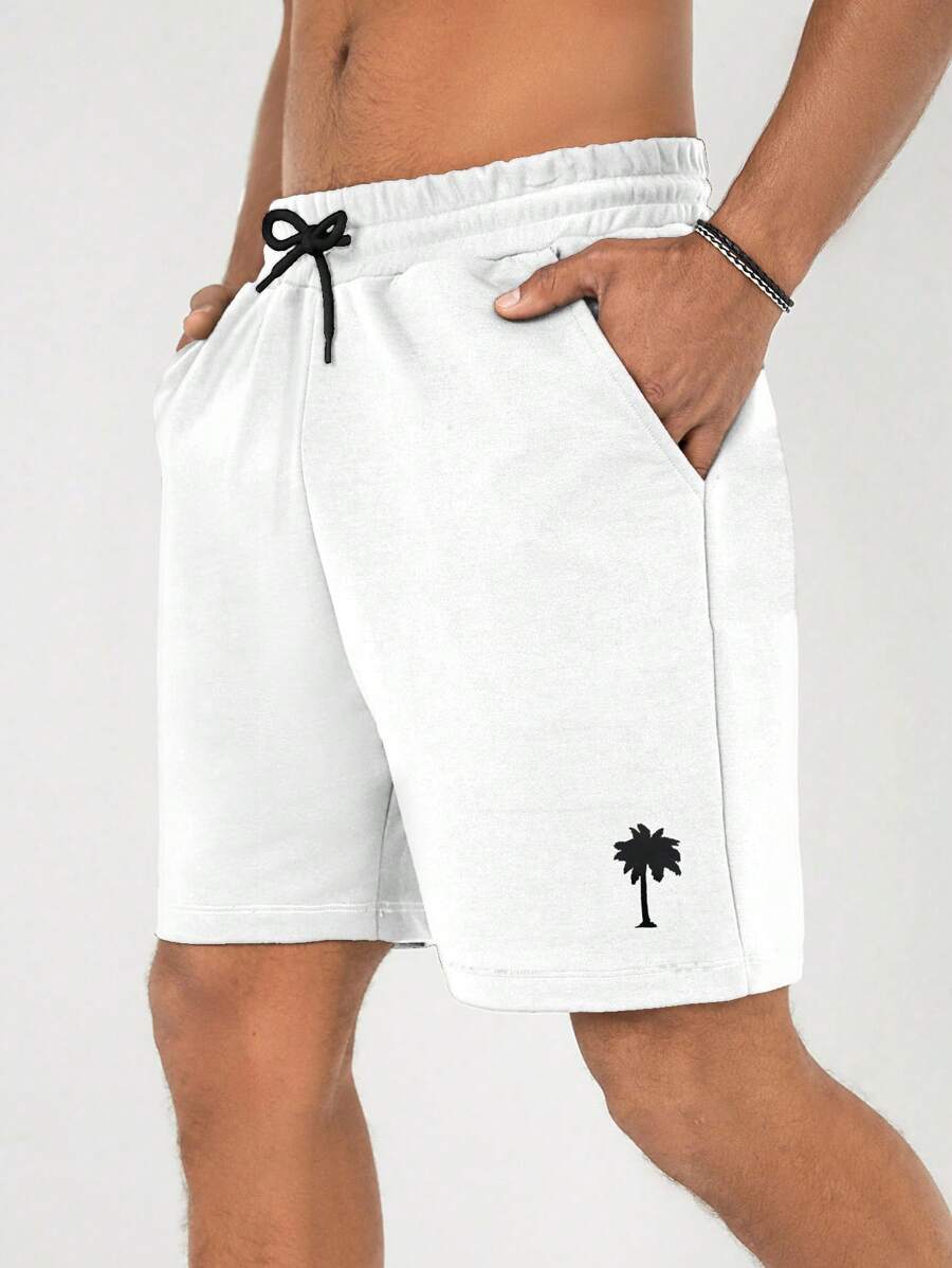 RueChic Men's Coconut Tree Printed Drawstring Waist Shorts - White - View 1