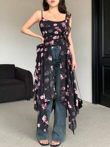 DAZY 女士全印花花卉背心裙 - 黑色 - 查看 4