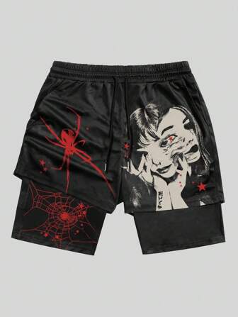 Street Life Short de basketball casual pour hommes à la mode avec cordon de serrage à la taille et imprimé araignée, école