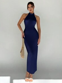 Aloruh 女款露背假珍珠裝飾連衣裙 - 藏蓝色 - 查看 5