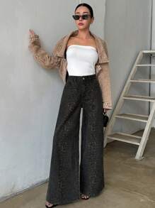 DAZY 女式豹紋寬腿休閒牛仔褲，附有口袋 - 卡其色 - 查看 3