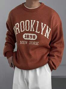 DAZY Men's Casual Letter Printed Round Neck Long Sleeve Orange Sweater, Autumn - Orange - View 6