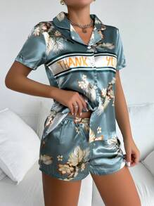 Women's Short Sleeve & Shorts Pajama Set With Floral Print & Letter Design, Made Of Simulated Silk