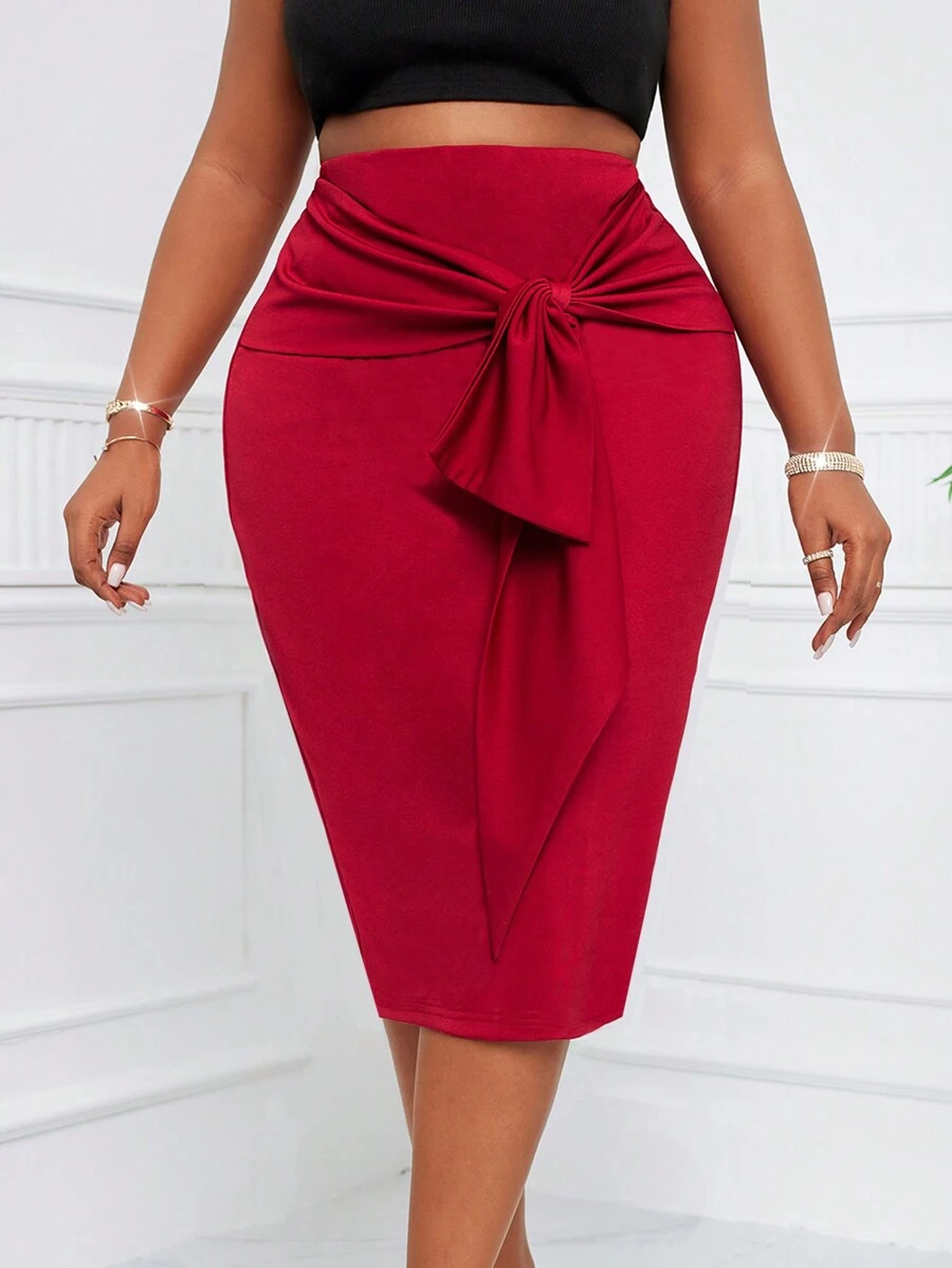SHEIN Lady Plus Size Women's Business Professional Red Bowknot Belt Bodycon Skirt Going Out Outfits - Red - View 1
