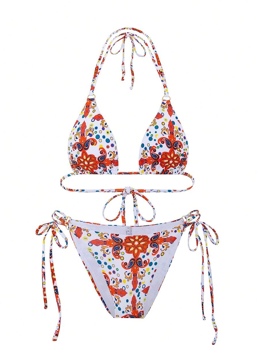 SHEIN Swim 女士夏季海灘花卉印花露背頸帶兩件式比基尼三角杯泳衣套裝,隨機印花 - 彩色 - 查看 1