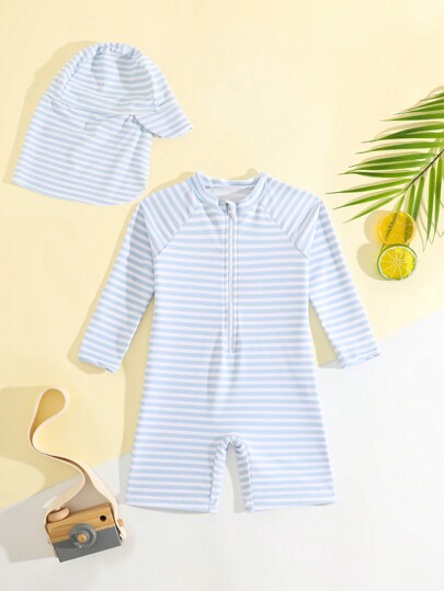 Baby Boy Striped Printed Zipper Long Sleeve Swimwear With Cap