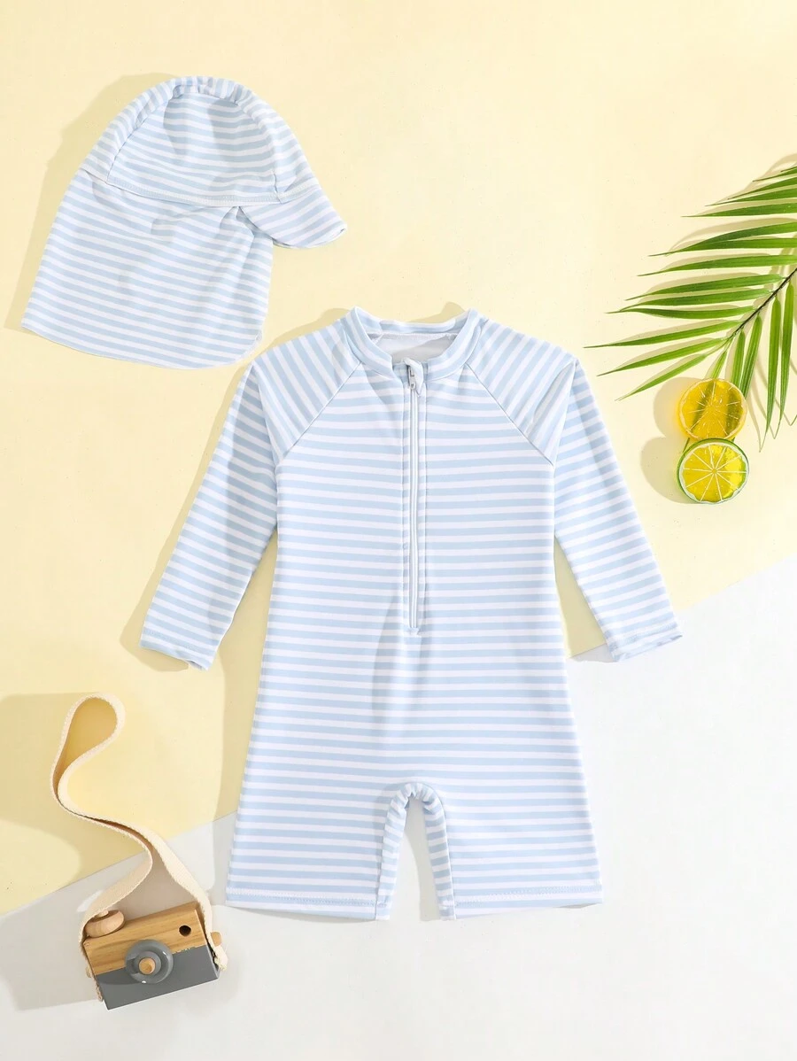 Baby Boy Striped Printed Zipper Long Sleeve Swimwear With Cap