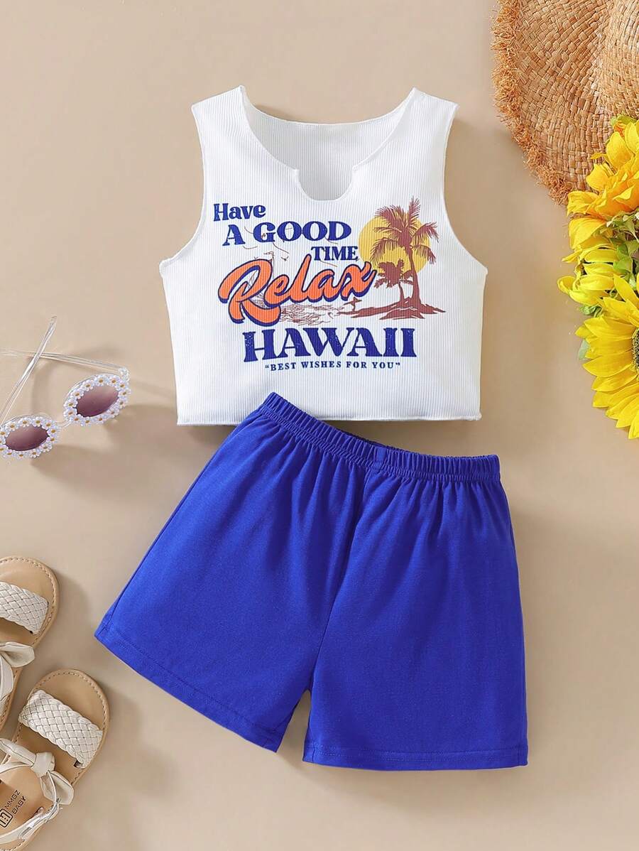 SHEIN 2件套少女度假风沙滩印花上衣和短裤套装，适合夏季沙滩度假 - 藍色 - 查看 1