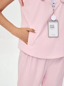 TaskEZ Pink Summer Scrub Nurse Uniform Short Sleeve Top Jogging Trousers Two-Piece Set Clothes - Pink - View 5