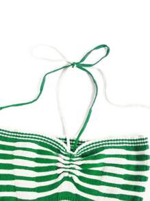 SHEIN Unity Áo dệt kim cổ yếm sọc ngang thông thường dành cho nữ cho mùa hè - màu xanh lá - Xem 3