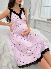 Moonlight&Mama Maternity Color-Blocked Lace Polka Dot Printed V-Neck Pajama Night Dress With Straps - Baby Pink - View 6