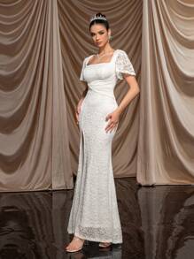 SHEIN Belle 优雅扭纹开叉袖美人鱼连衣裙，适合女士晚会（重磅版）白色正式舞会婚礼宾客礼服，适合毕业典礼、晚宴 - 白色 - 查看 6