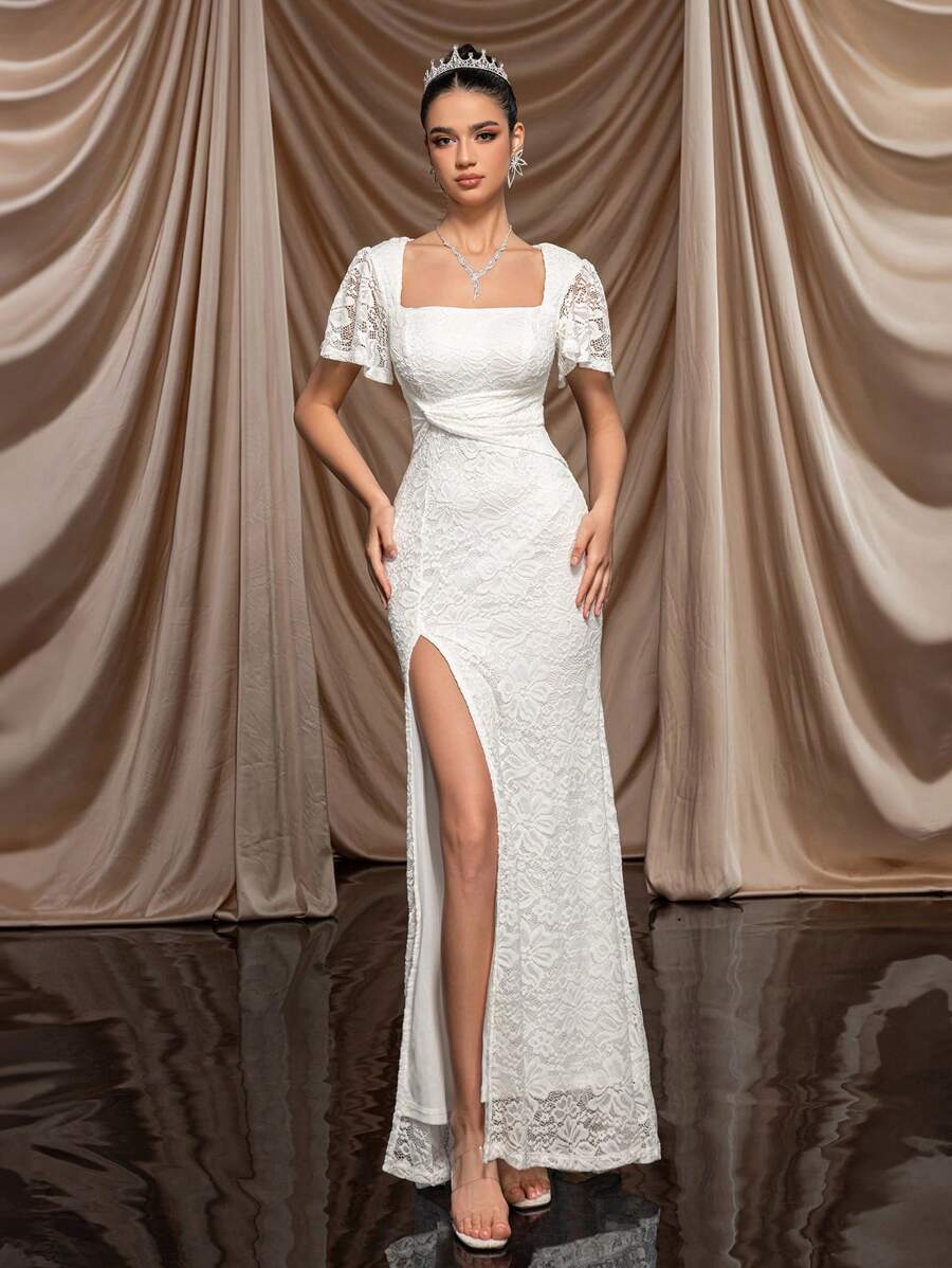 SHEIN Belle 优雅扭纹开叉袖美人鱼连衣裙，适合女士晚会（重磅版）白色正式舞会婚礼宾客礼服，适合毕业典礼、晚宴 - 白色 - 查看 1