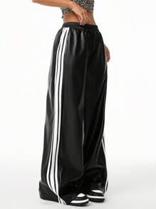 Coolane Women's  Streetwear Casual Leather Banded Texture Decoration Wide Leg Pants,Back To School Clothes,Black Leather Pants - Black - View 3