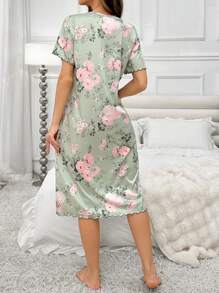 Floral Printed Round Neck Long Sleep Dress Perfect Summer, Moo Moo - Multicolor - View 2