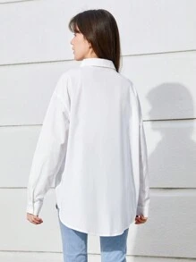 SHEIN Leap Crew Teen Girls Drop Shoulder Button Front Shirt - White - View 2