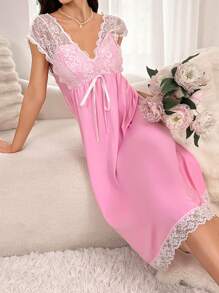 女款性感深V領蕾絲拼接前扣睡衣連衣裙 - 粉色 - 查看 3