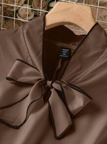 SHEIN Clasi Plus Size Women's Solid Color Simple Daily Wear Collar Tie Commuting Contrast Color Shirt Fall Cloth For Women - Coffee Brown - View 4