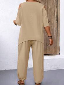 大码女式纯色简约日常穿搭一字肩上衣和长裤两件套