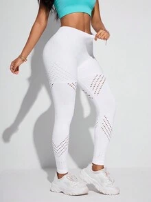 Seamluxe SHEIN Sport Mallas deportivas sin costuras para mujer con cintura alta y huecos, de unicolor - Blanco - Ver 4