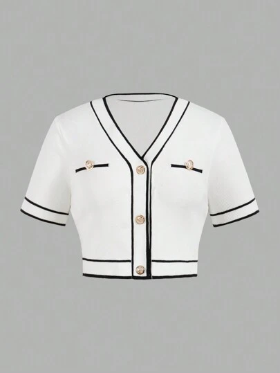 Firerie 大码优雅通勤复古学院风撞色边饰 V 领短袖金属纽扣前部修身短款针织上衣，夏季