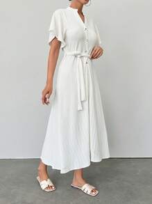 EURMUSE Ruffle Sleeve Crew-Neck Buttoned Maxi Dress With Shell Belt - White - View 4