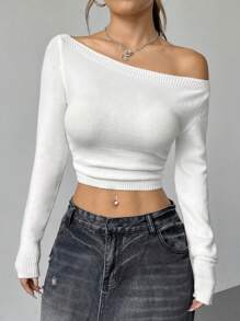 SHEIN Unity Women's Minimalist Casual Solid Color Asymmetrical Shoulder Long Sleeve Sweater,Long Sleeve Tops, Knit Pullover Fall Winter - White - View 6