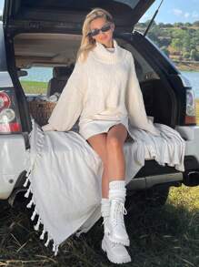 EURMUSE 女式綴花針織下垂肩高領毛衣