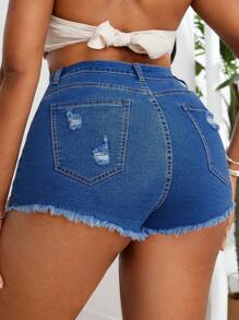 SHEIN SXY Plus Size Women's Frayed Edge Denim Shorts With Pockets, Elasticity And Ripped Details - Medium Wash - View 2