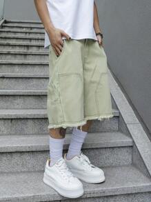 Manfinity Roghcode 男士时尚宽腿牛仔短裤，带磨边设计，外出纯色 Jorts 薄荷绿色超大牛仔短裤，适合丈夫、男朋友的礼物