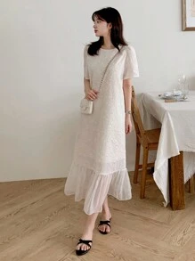 DAZY 女式夏季优雅拼色纹理短袖连衣裙，荷叶边 - 杏色 - 查看 4