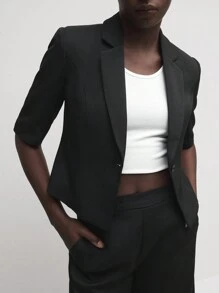 BizChic 女士商务办公短袖纯色翻领简约西装外套 - 黑色 - 查看 5