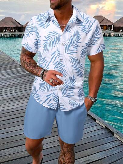 Manfinity RSRT Camisa de manga corta con botones y estampado de plantas hawaianas, y pantalones cortos de unicolor con bolsillos, conjunto de ropa casual de verano cómoda para hombres
