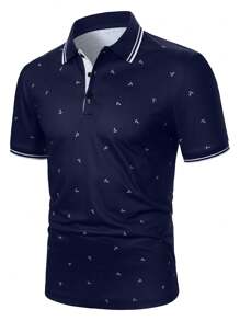 Manfinity Mode 男士夏季錨紋短袖休閒/通勤polo恤 - 藏蓝色 - 查看 2