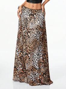 SHEIN EZwear Women's Vintage Back To School Leopard Print Low Waist Long Skirt, Street Style And Versatile - Brown - View 5