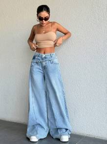 EURMUSE 100%Cotton WIDE LEG LOW WAIST LIGHT WASH - Light Wash - View 5